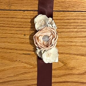 Floral Satin Sash Belt - Brown and Cream